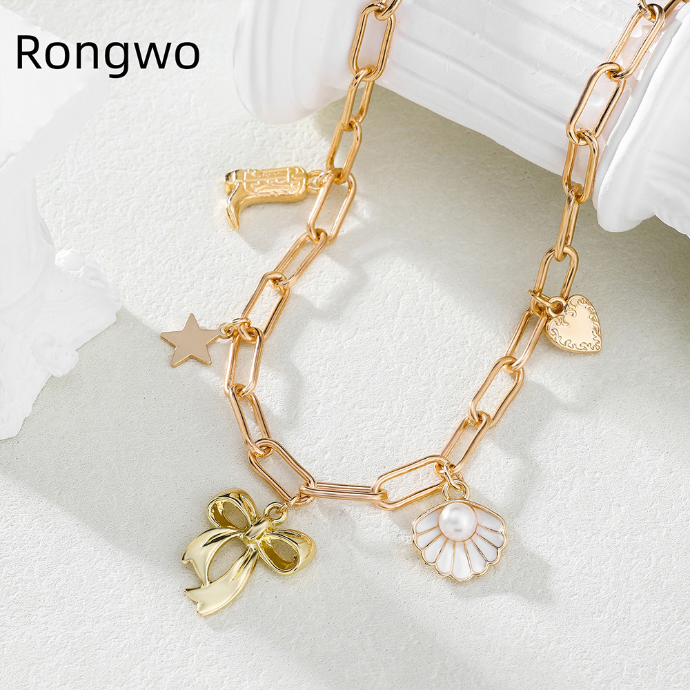 Exquisitos dijes, collar con colgante de perlas para mujer, gargantilla con dije de lazo de Color dorado de acero inoxidable, concha de concha, de joyería de