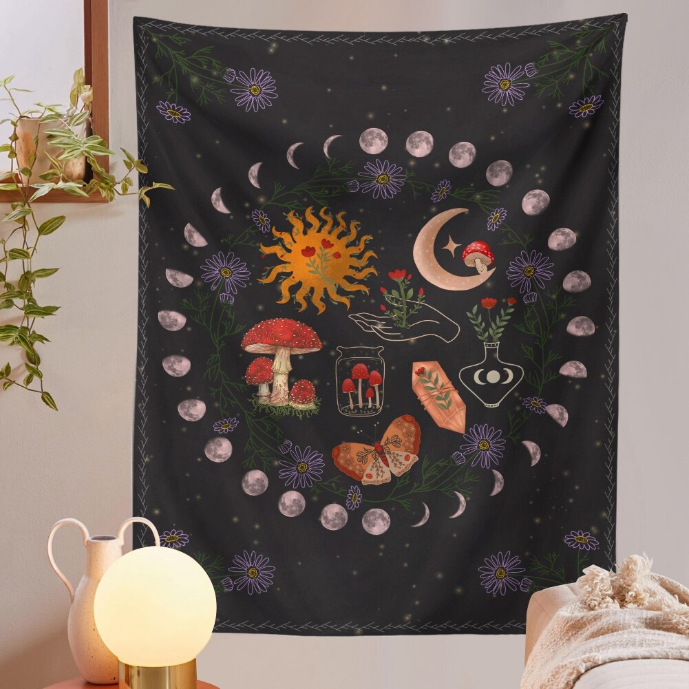 Botanisk kaktus gobelin væghængende måne stjerneklar svampekort hippie boheme gobeliner psykedelisk hekseri boligindretning