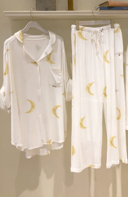 Japanese spring and Autumn thin pajamas gelato Modal cotton clouds long sleeve pantsuit crescent soft home wear sleepwear: yellow set