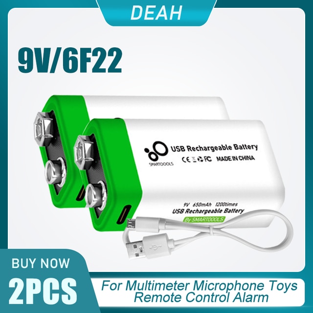9V 650mAh 6F22 USB Rechargeable Lithium Battery For Wireless Microphone Alarm Guitar RC Helicopter KTV Use With Charging Cable: 2PCS