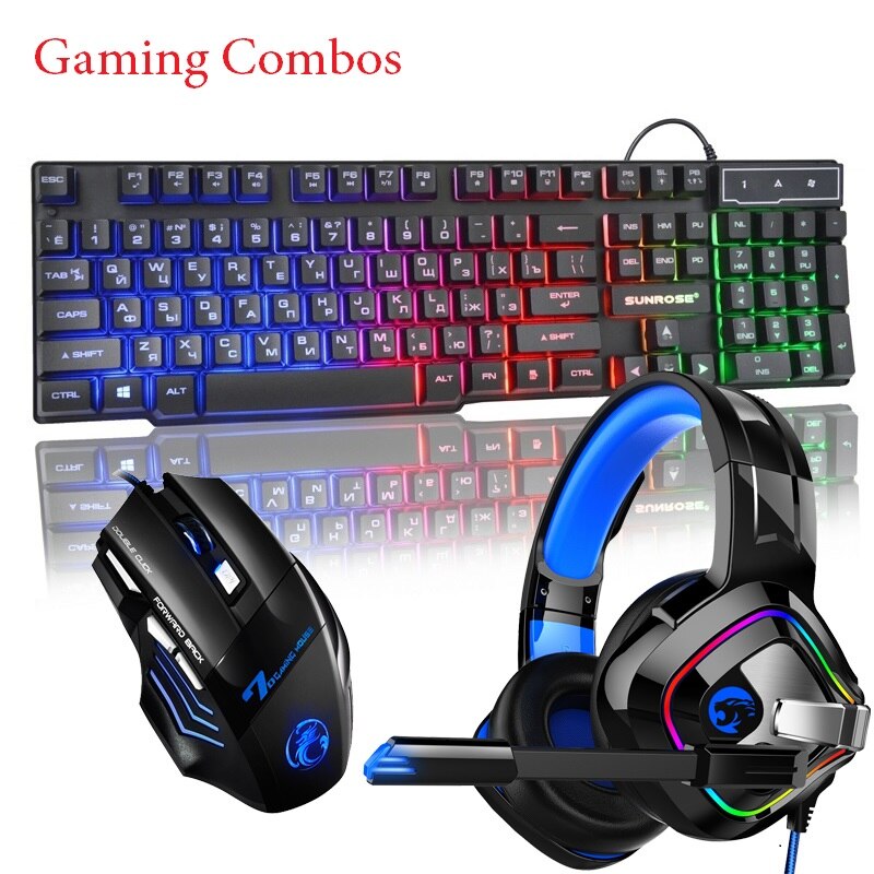 Wired Gaming Combos Keyboard Mouse Earphone 104 Suspended Keycaps Russian English Layout 2400DPI Wired Mouse Earphone for Gaming