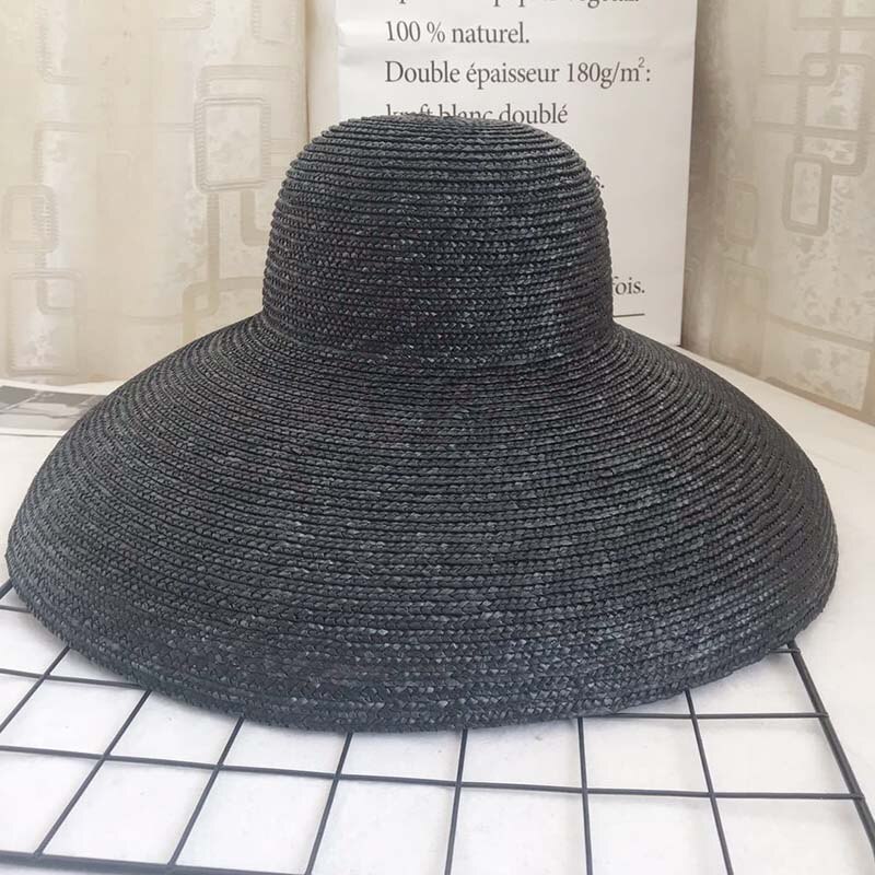 Kvinder stråhat klokke type 15cm stor bred skygge solhat afslappet naturlig hvede strå sommer strand hat skygge dame hat: Sort