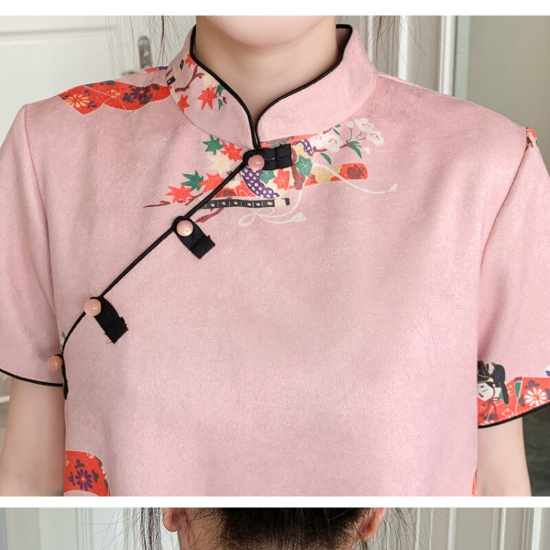 Plus Size M-4XL Peking Opera Print Pink Modern Cheongsam Dress for Women Short Sleeve Qipao Traditional Chinese Clothes