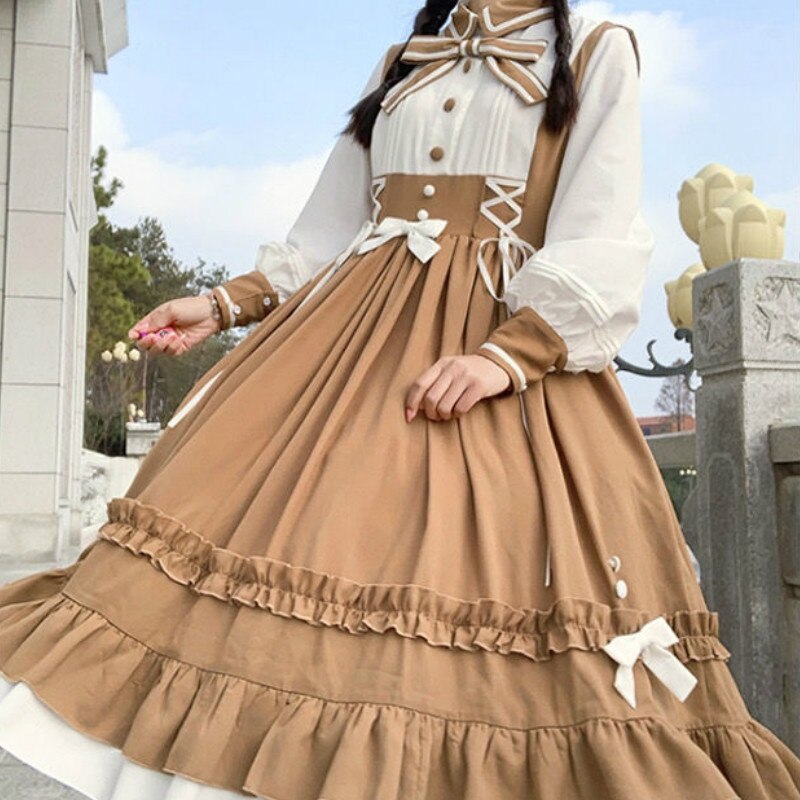Vestido de de princesa, Harajuku japonés agradable arco, volantes, manga larga