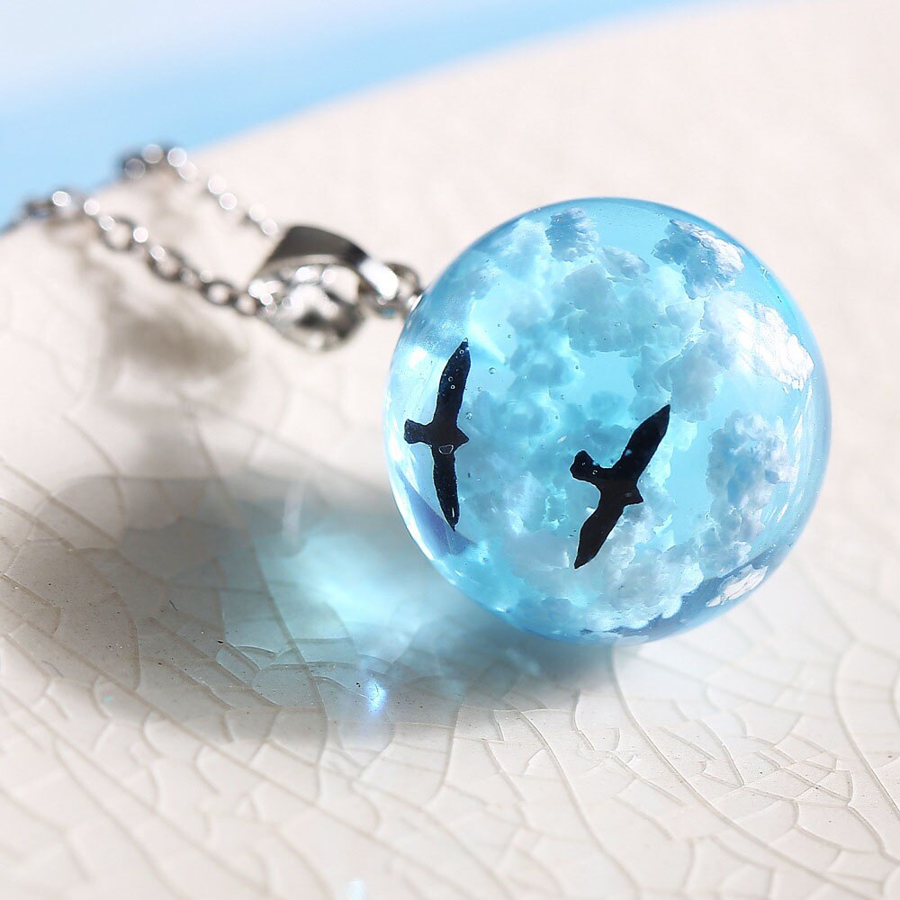 Modyle Transparent Resin Round Ball Pendant Necklace Women Blue Sky White Cloud Chains Necklaces Jewelry