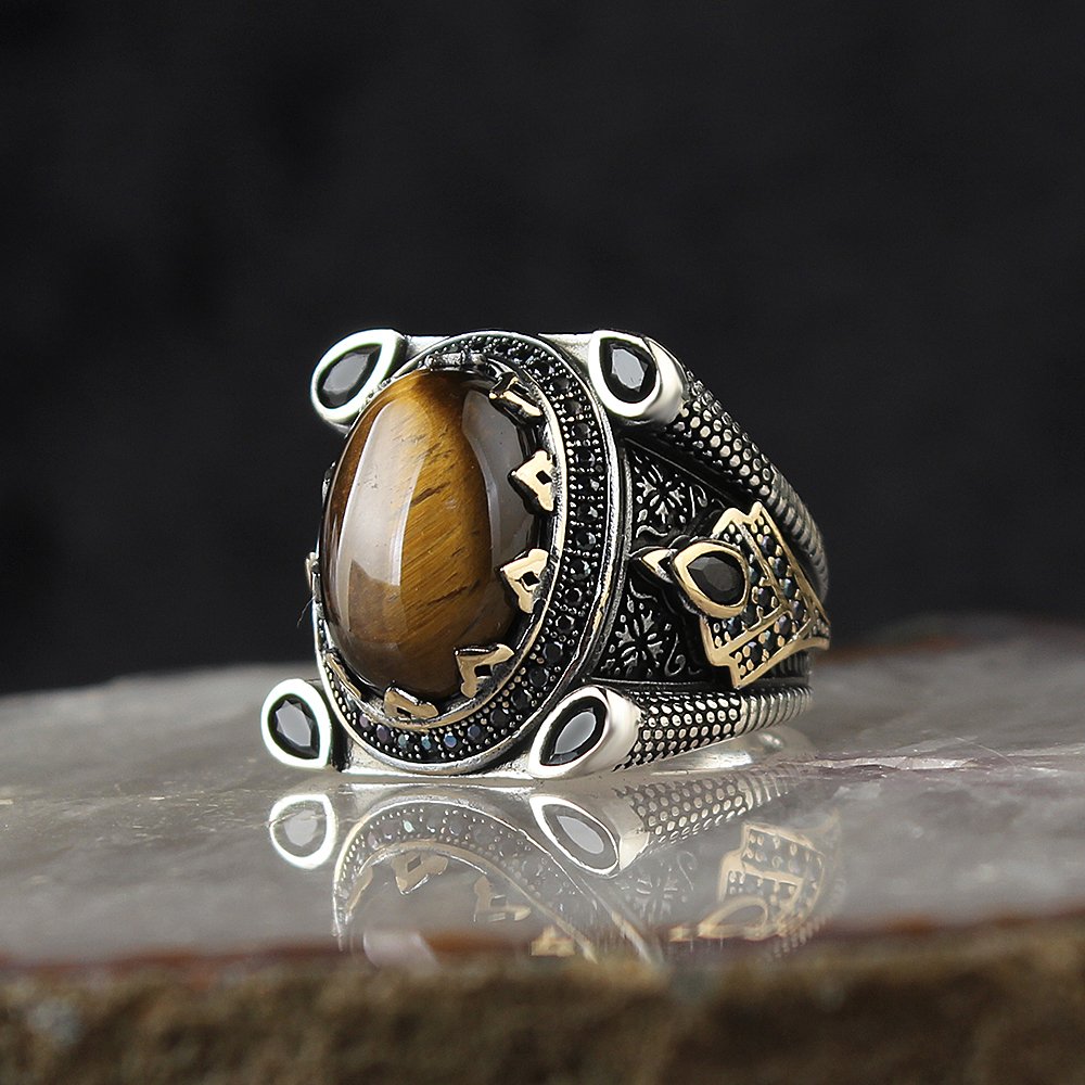 925 anel de prata esterlina para os homens tigre pedra, jóias moda vintage presente onyx aqeq masculino anéis todo o tamanho