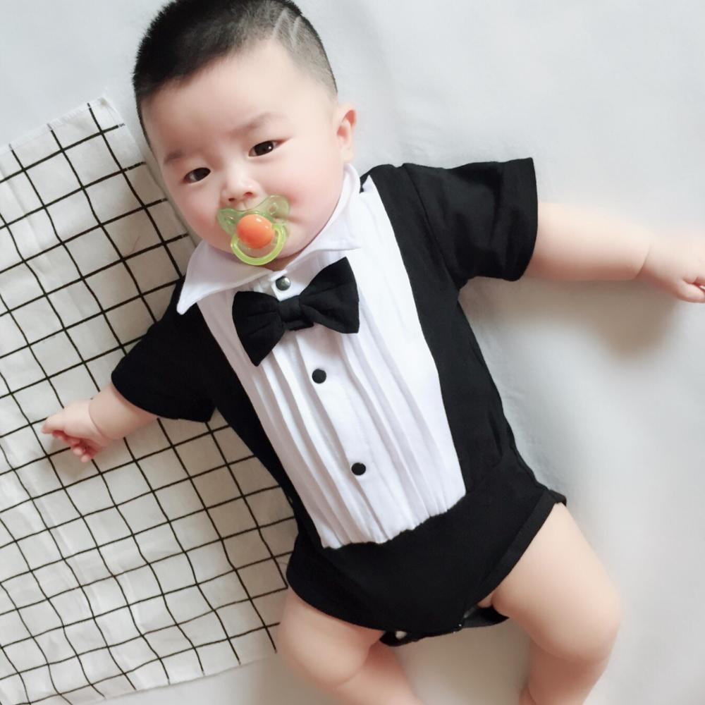 3-18m zomer baby rompertjes patchwork baby jongenskleding zwarte stropdas korte mouwen jumpsuits kinderkostuum