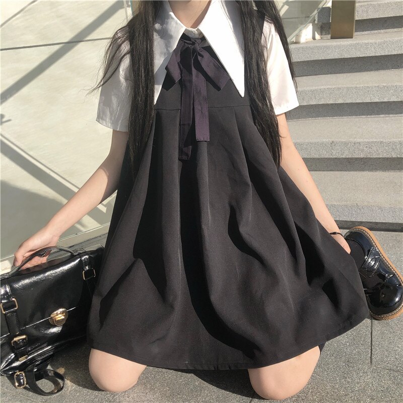 Japanse zoete college tweedelig overhemd met korte mouwen strik + geplooid vest jurk vrouwelijke zomer schoolmeisjesuniform: Alles instellen