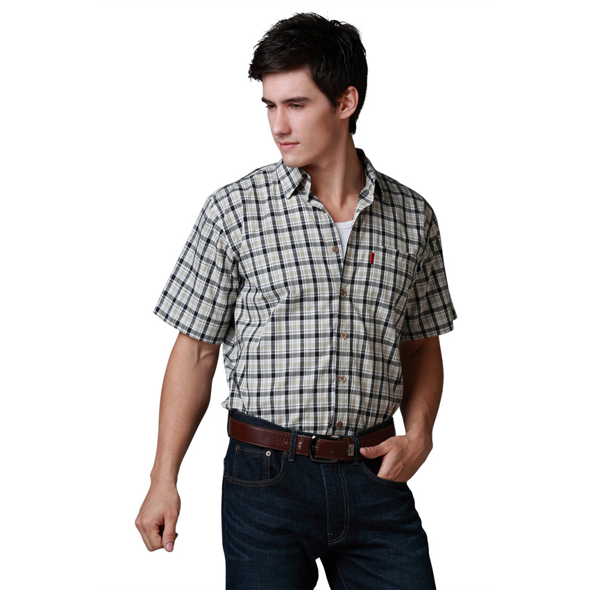 Shirt Men Shirt Brand Casual Shirt Plus Chest Basic Short Sleeve Cotton Plaid Shirt Best Size S M L4Colors: Khaki Black White716 / S