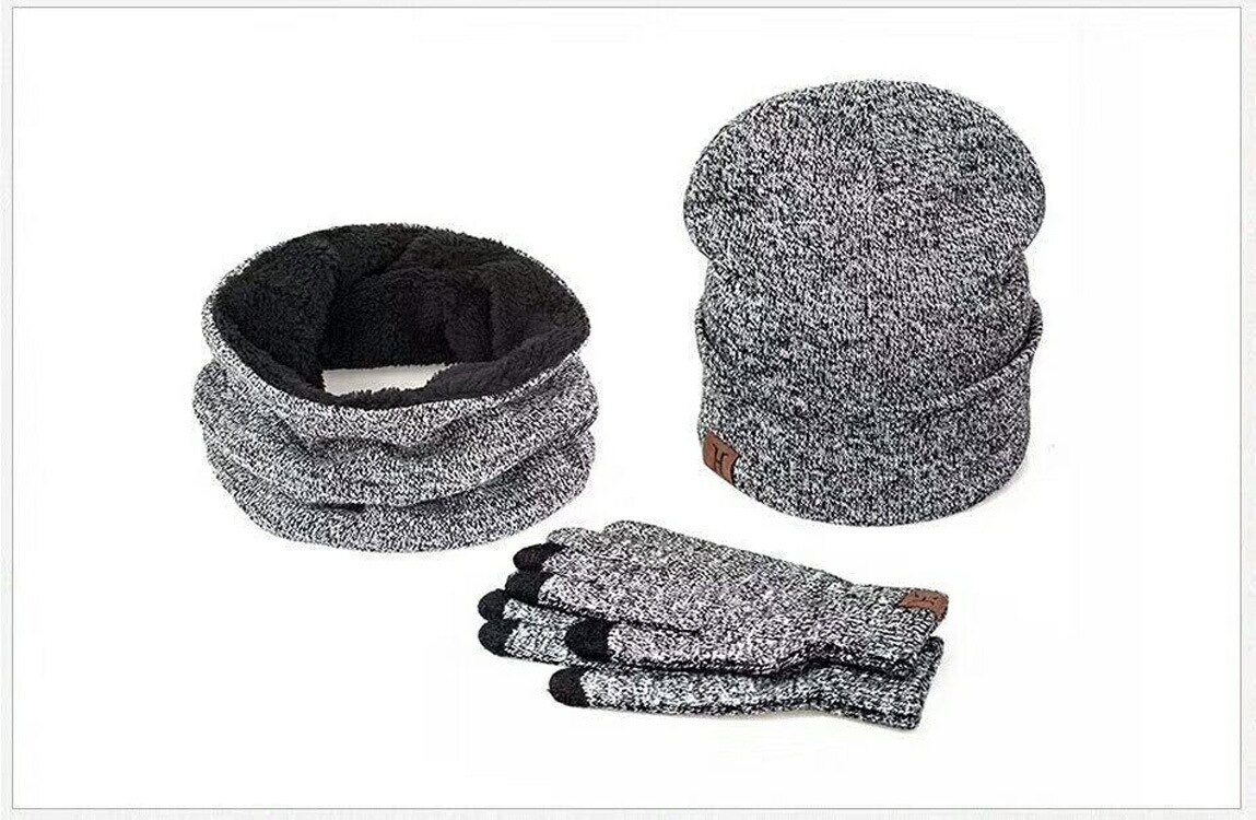 Zou.Rena sombreros de invierno bufandas guantes Conjunto de de Punto más terciopelo sombrero bufanda conjunto Kit masculino 3 unids/set gorros bufanda guante: Gris claro