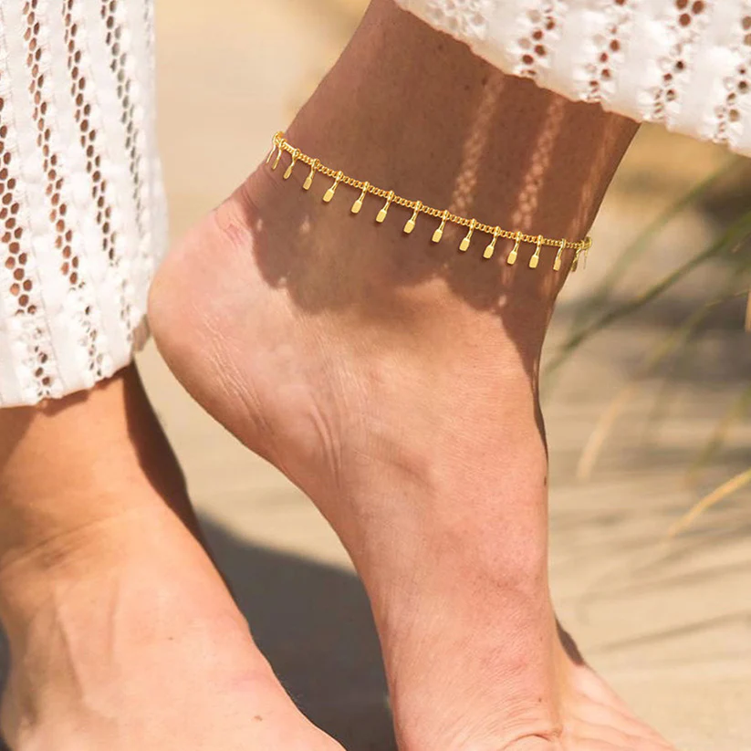 Simple Gold Color Stainless Steel Anklets Bracelets Women Tassel Starfish Leg Chain Heart Tag Foot Jewelry Summer Accessories