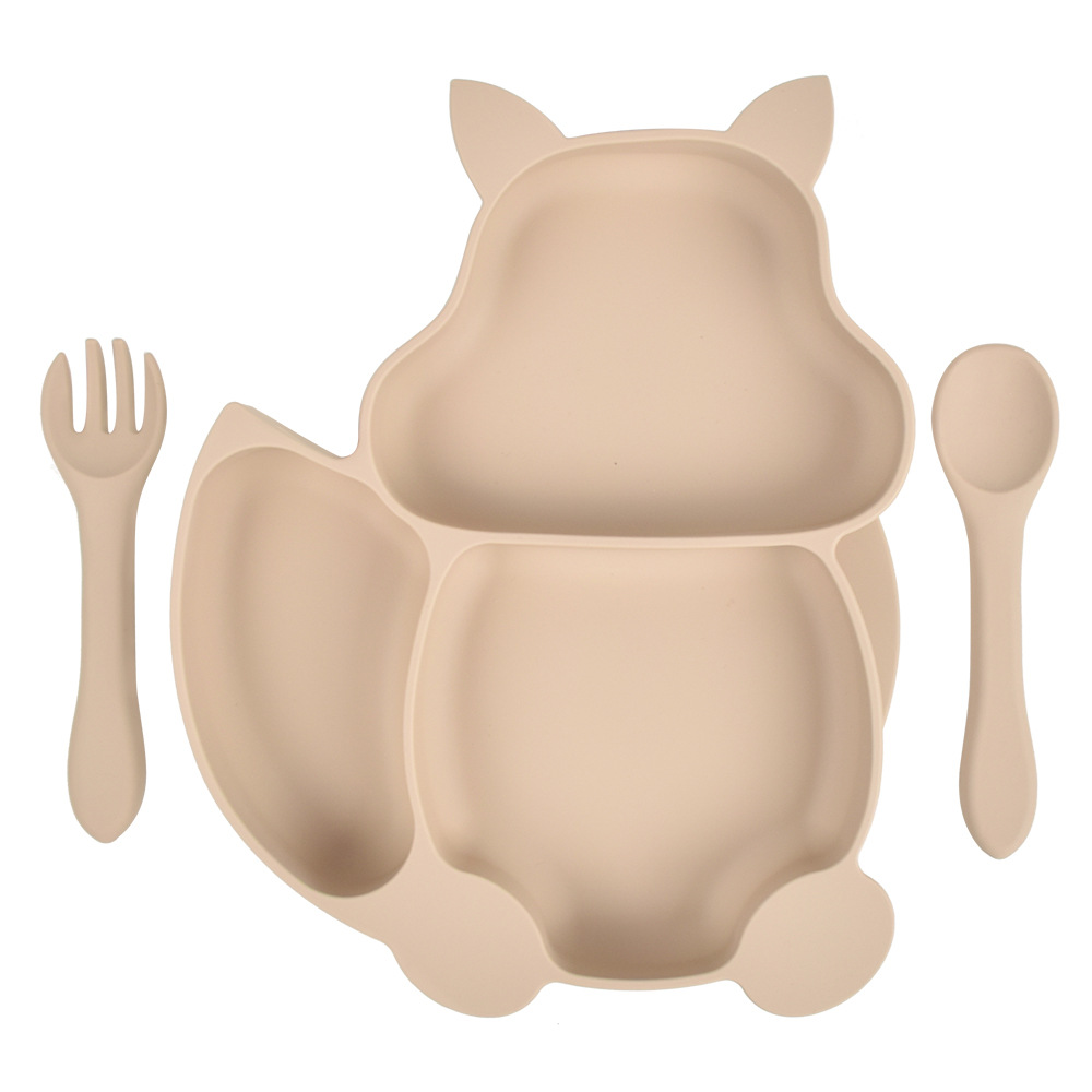 Baby Feeding Set Blue Silicone Suction Plate Squirrel Shape Self Feeding Training Stay Put Plate Soft Spoon Fork Dish Kit: 9