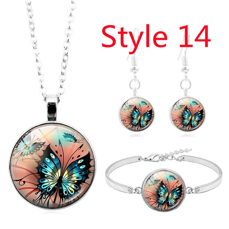 Tegel Sieraden Vlinder Glas Cabochon Ketting Stud Oorbellen Armband Set Totally 4Pcs Boom Celestial Vrouwen Sieraden Set: Style 14