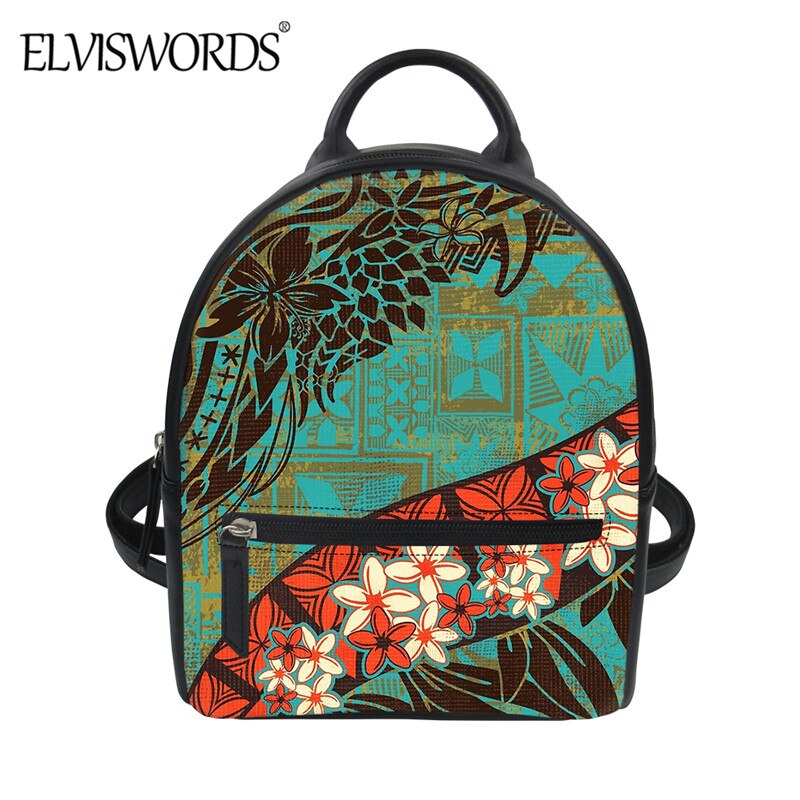 ELVISWORDS-Mini mochila De Cuero PU para Mujer, bolsa para hombro duradera con estampado Tribal polinesiano, Hawái, Plumeria: ZBX2046Z4