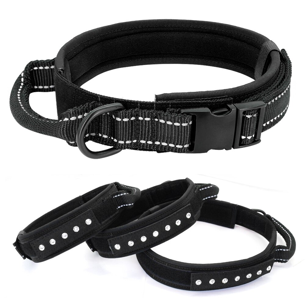 Dog Collar Reflective Nylon Training German Shepherd Collars Rhinestone Pet Collar For Medium Large Big Dogs Pitbull Terrier: Black / M