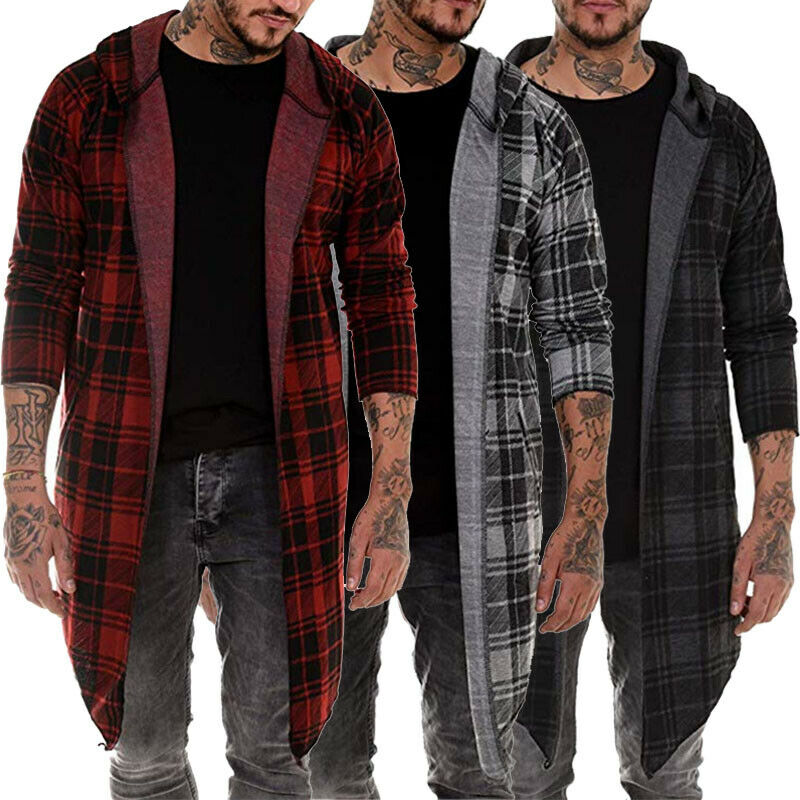 Herre hettegenser rutete skrive ut grøft uformelt cardigan jakke jakke langermet mannlig yttertøy høst vinter slank passe lang frakk streetwear