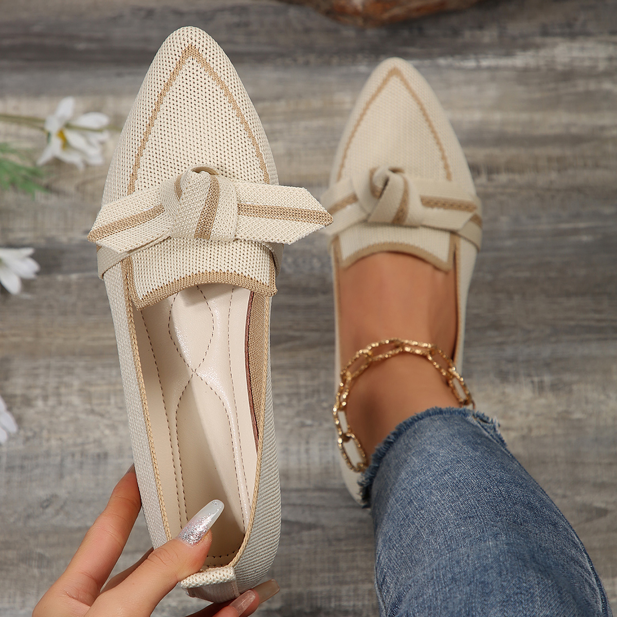 Mocasines ligeros y cómodos para mujer, bailarinas con pajarita, puntiagudas, suaves, descalzos, de punto, Multicolor, informal, bailarina: Beige / 42