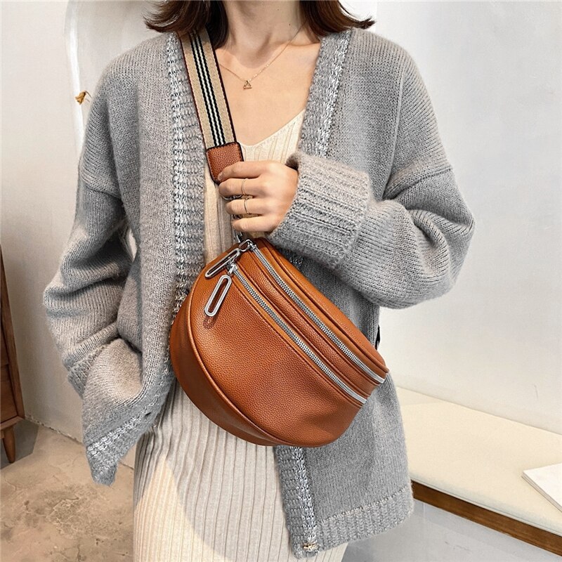 Burminsa Brede Band Zadel Taille Fanny Pack Voor Vrouwen Dubbele Rits Dames Riem Borst Tassen Pu Lederen Sling Crossbody Tassen