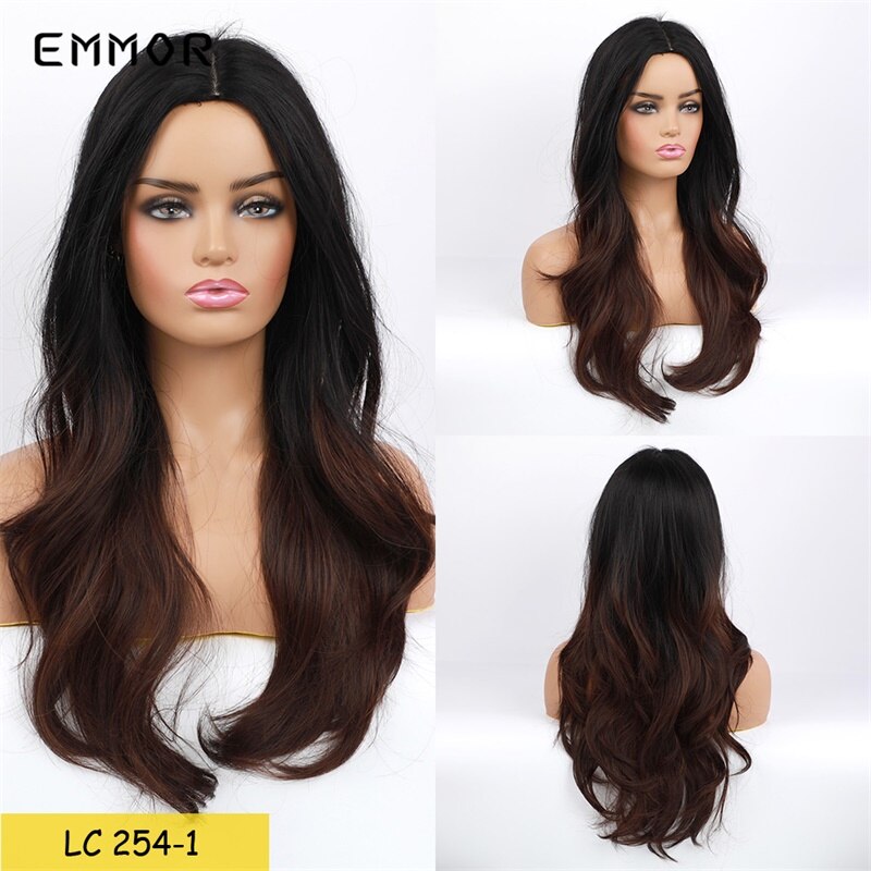 Pelucas largas de pelo sintético ondulado emmor, color castaño oscuro con reflejos rojizos y flequillo, con degradado de alta temperatura para uso diario.: Lc254-1