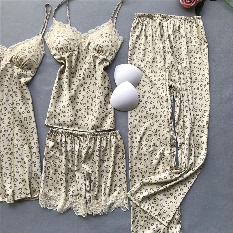 5pcs summer Sexy Leopard satins ice Silk robe suits women pajamas sets Korea Retro Spaghetti straps shorts women sleepwear