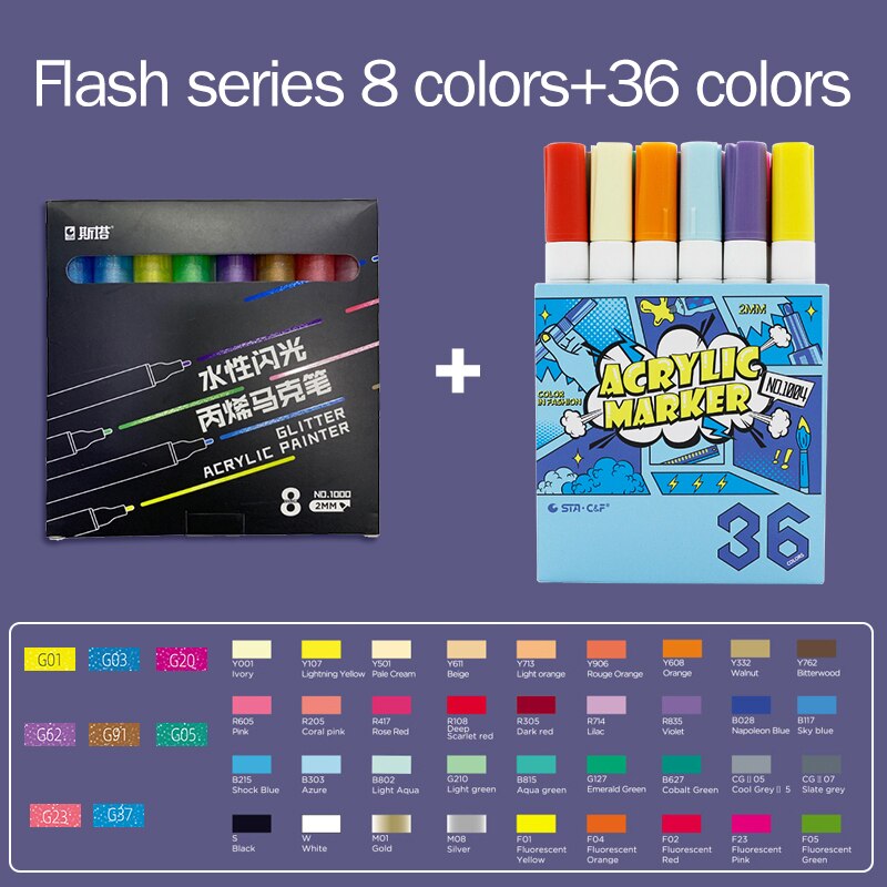 STA 1004 DIY Acrylic Markers Pen Set Drawing Poster Journal Scrapbook Painting Graffiti Pens For School Student Art Supplies: 8 36color-1000-1004