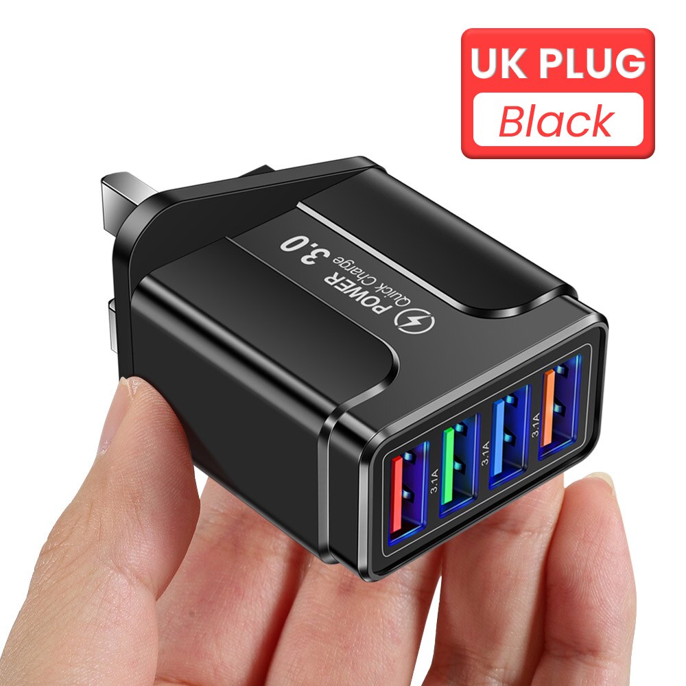 4 Poorten Usb Charger 3.1A Quick Charge Travel Charger Eu/Us/Uk Plug Snel Opladen Lader Voor iphone 13 12 Pro Xiaomi Redmi: BLACK UK PLUG