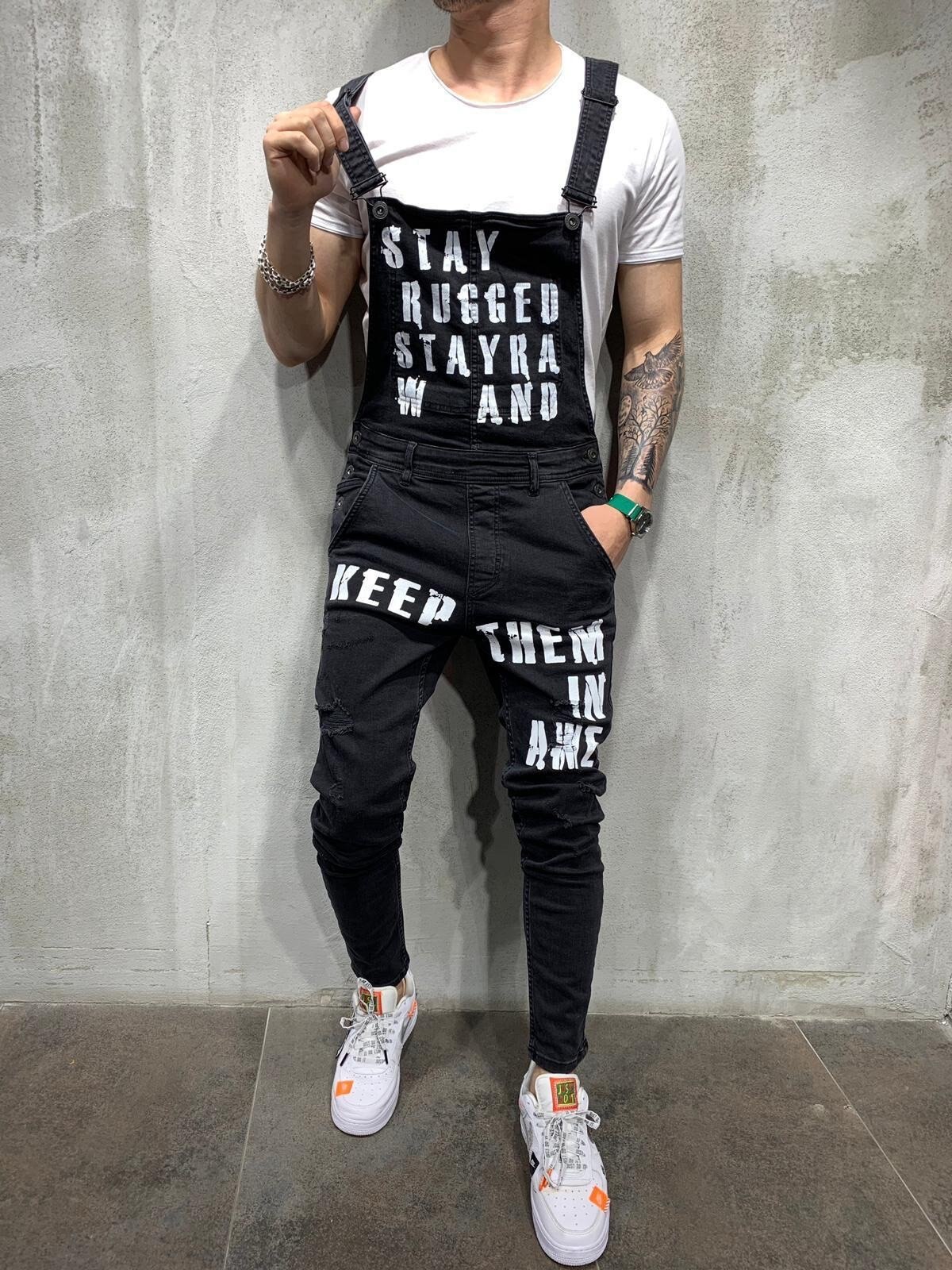 Hiphop heren gescheurde jeans denim tuinbroek met bretels voor heren s-xxxl: S / Zwart