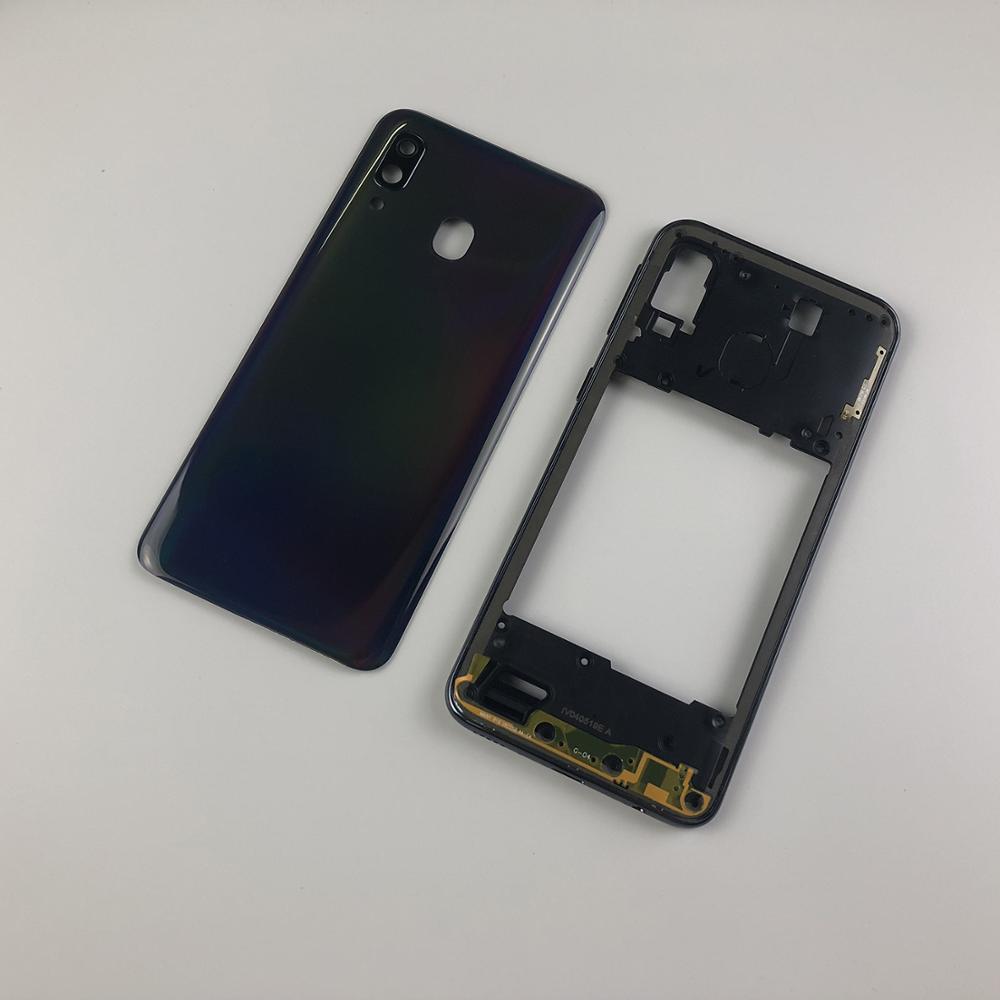 Para samsung galaxy a40 2019 a405 SM-A405F a405ds habitação quadro médio + bateria volta caso capa traseira lente da câmera adesivo logotipo