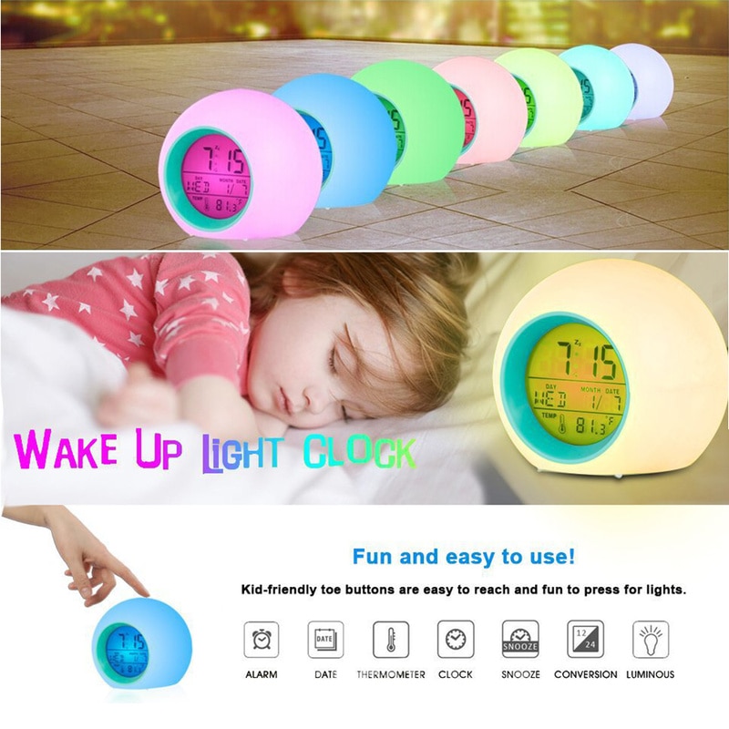 reloj despertador Calendario de 7 colores luz de fondo redonda para niños sonido Frontal alarma bola decoración Natural reloj Digital