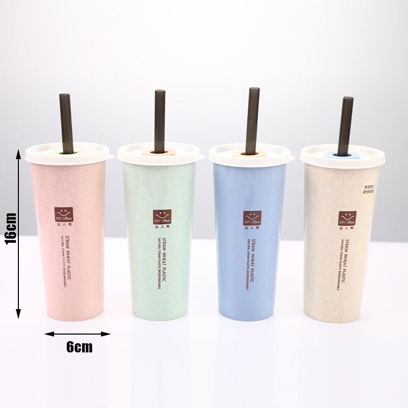 Cup Water Cup with Straws Double Lid Portable Hand Cup Wheat Straw Cola Coffee Plastic Travel Cup Drinking Cup Home Office