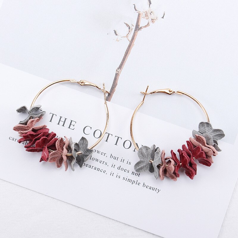 Qingwen Fabric Flower Earrings for Women Colorful Petal Circle Big Fancy Earring Jewelry CE00528