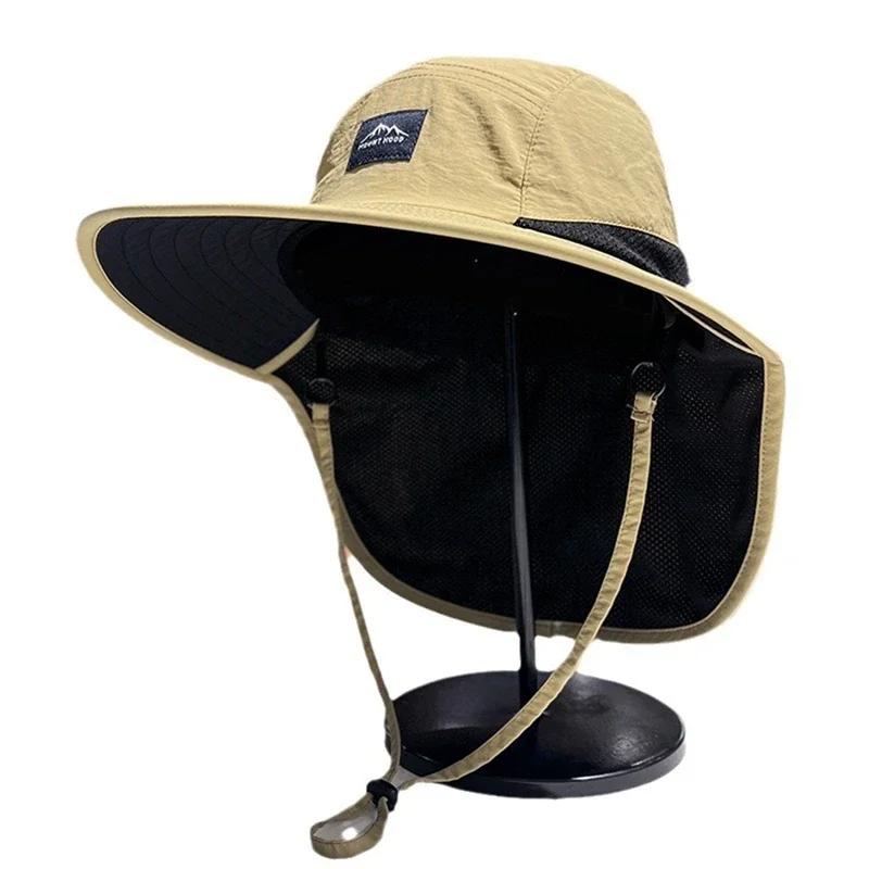 Unisex Summer Wide Brim Waterproof and Quick-drying Panama Caps Outdoor Visor Bucket Hats Mesh Breathable Sun Hat with Neck Flap: Khaki