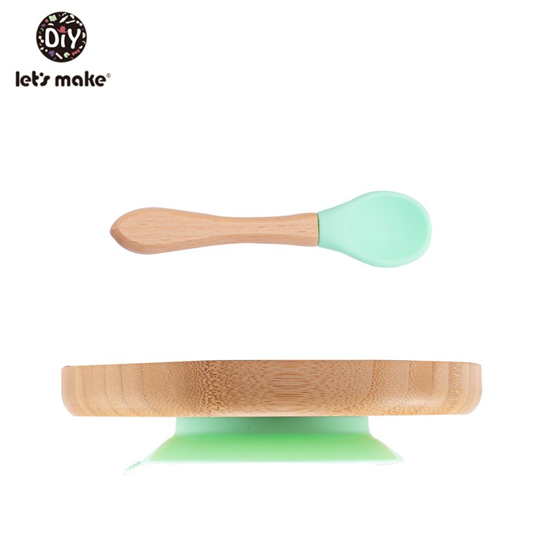 1set Baby Feeding Bamboo Bowl With Spill Proof Silicone Spoon Baby Dinner Plate Feeding Dinnerware Toddler Infant Tableware Set: green