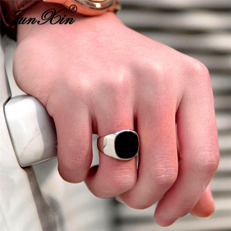 Bague géométrique en pierre noire pour homme et femme, Vintage, couleur argent, grands anneaux de mariage, fiançailles, bijoux de fête