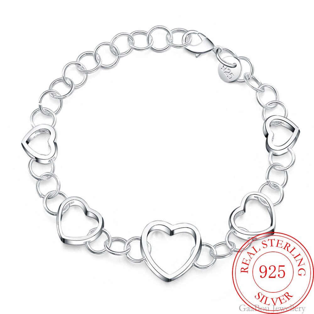 925 en Argent Sterling Manchette Coeur Perles Chaîne Bracelet À Breloques Pour femmes 20cm pour adolescent Filles Dame Femmes Bijoux