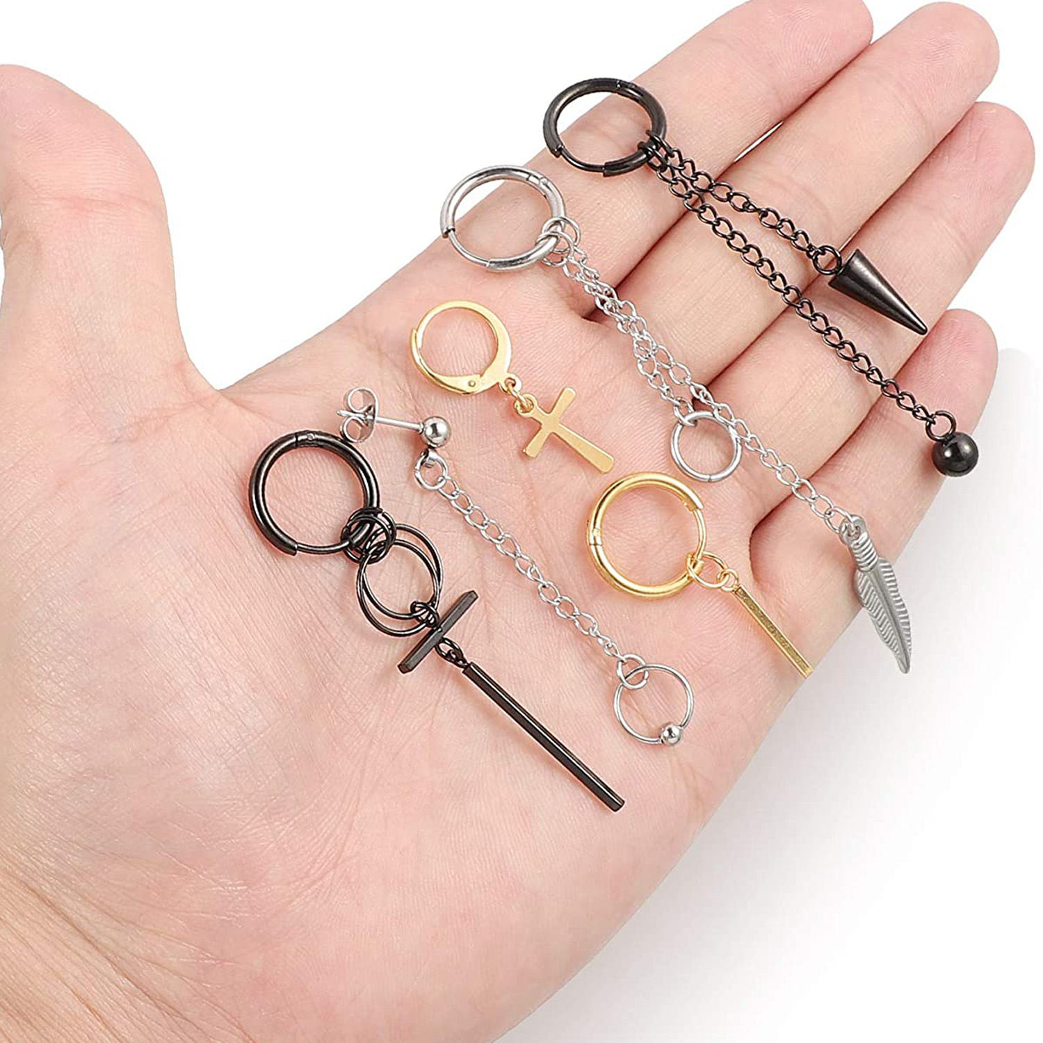 Pendientes de aro con bisagras para hombre, aretes colgantes de acero inoxidable, aretes colgantes de cadena larga con pluma L, 1 pieza