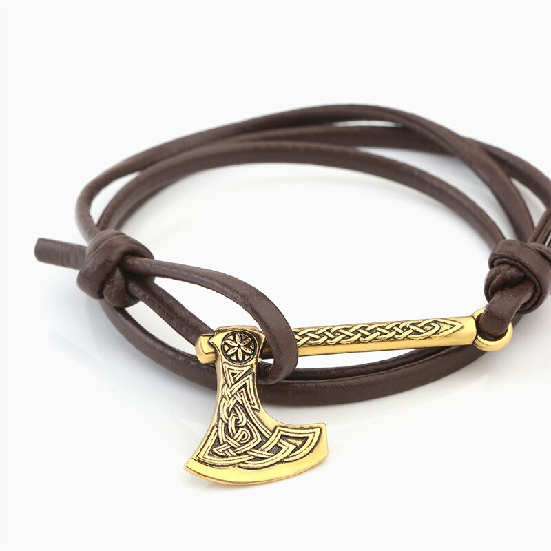 Dawapara hache de Perun amulette divinité slave du tonnerre et de la foudre dieu Perun Viking bijoux hommes Bracelets en cuir femmes: style 3 gold