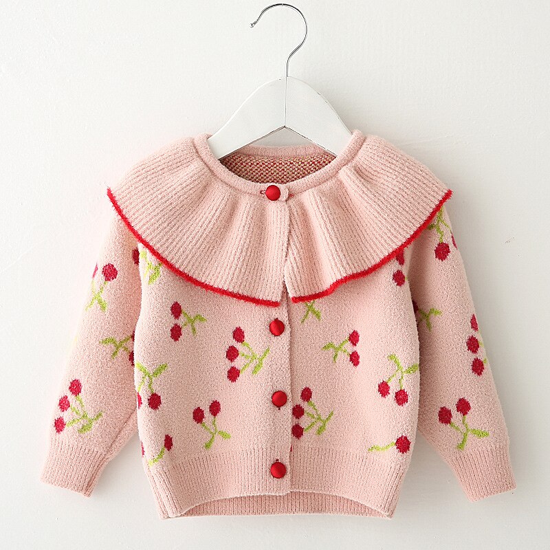 Baby piger sweatere efterår cardigan sweater kirsebær broderi børnetøj baby strik outwear 1-5y: 24m