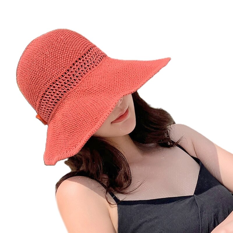 Visera de malla tejida para mujer, gorro de playa con lazo, Top abierto enrollable, ala ancha empaquetable, sombrero de protección solar UV de viaje para verano: Orange