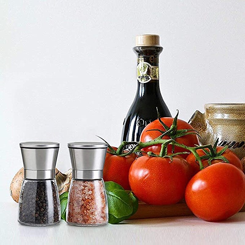 Molinillo de acero inoxidable para moler sal y pimienta, molinillo de vidrio para especias y hierbas, botella de molienda, utensilios de cocina, herramientas de vidrio, 1/2 Uds.
