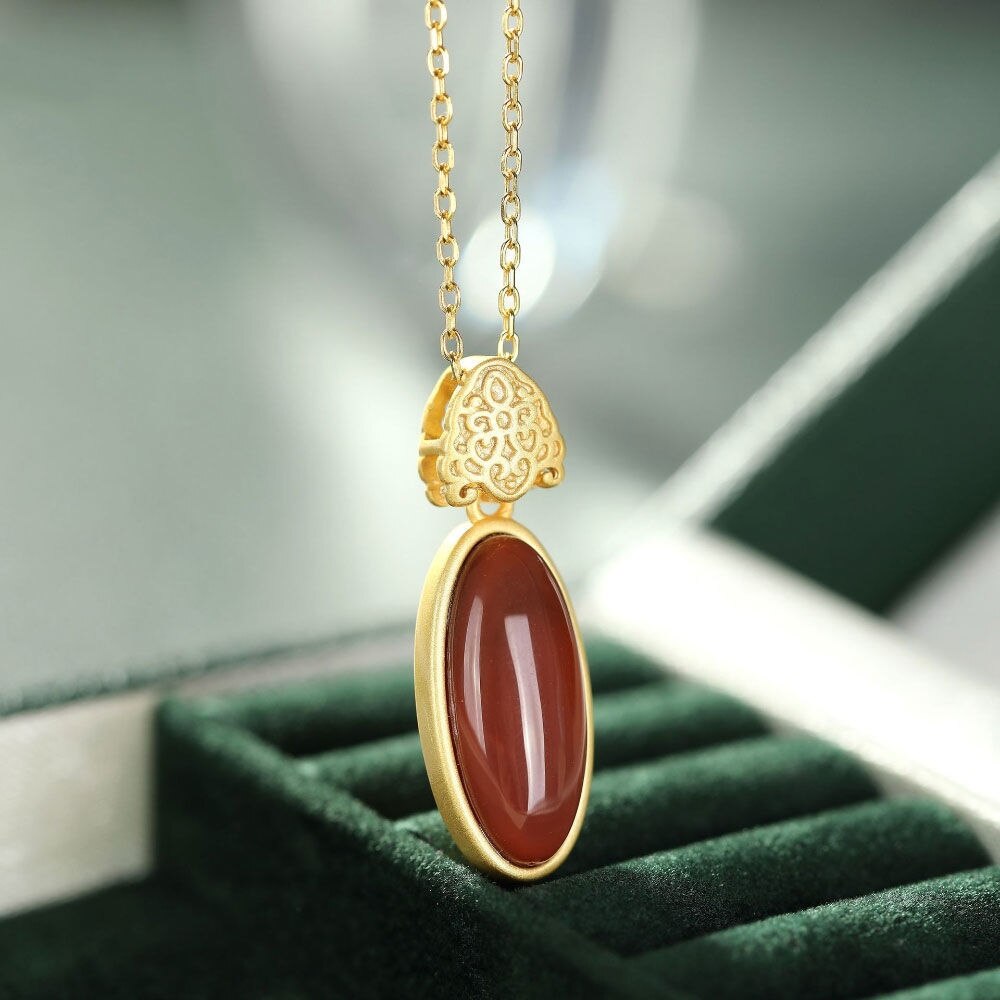 Natural Hetian Jade S925 Sterling Silver Inlaid Natural South Red Geometric Retro Personality All Match Female Clavicle Chain