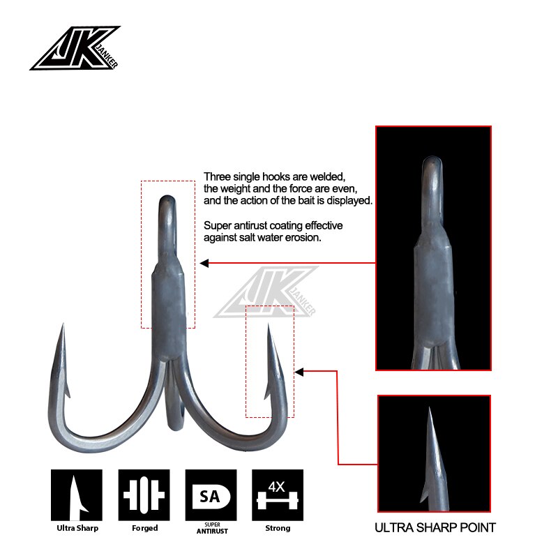 JK JS-47-anzuelos triples para pesca en bote, anzuelos de pesca superantioxidantes, Color gris, 4X, anzuelos de pesca triples fuertes, gancho para Tee #8 ~ 5/0