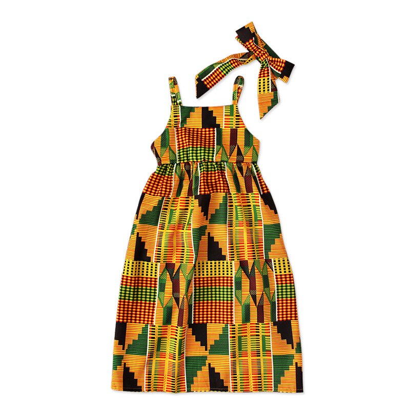 Children African Traditional Dress Printed Off Shoulder Dashiki Girls Summer Floor Length Dress with Headband: 120
