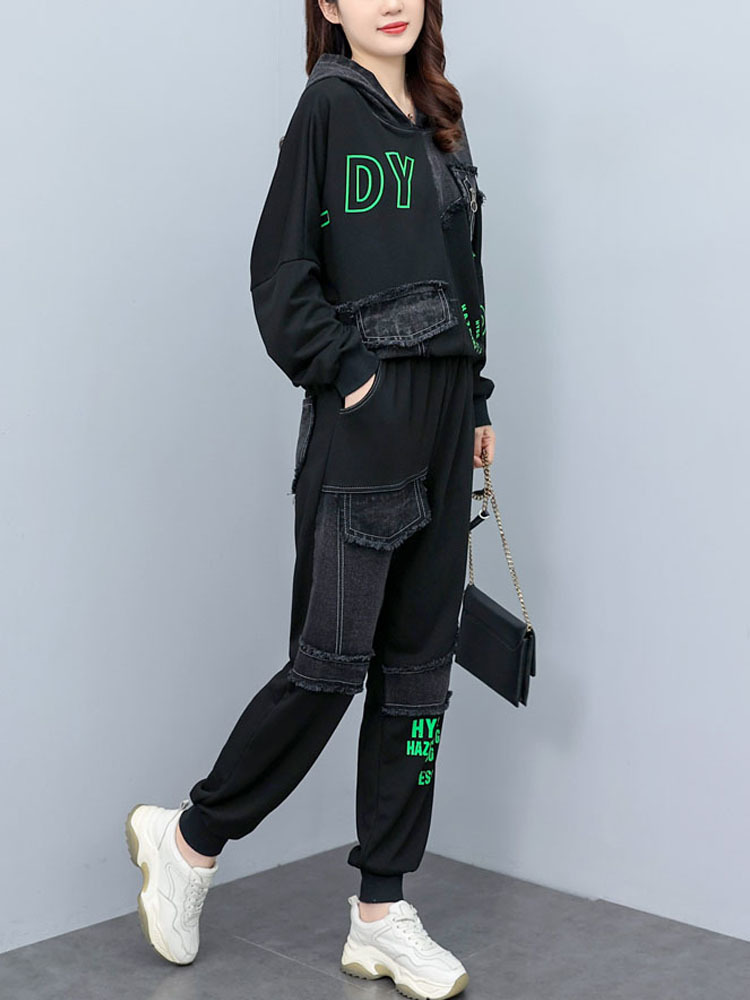 Bedruckte Patchwork Denim oben Freizeit Schlauch einstellen für Damen Frühling Herbst 2023 neuen Stil zweiteilige setzt 4xl