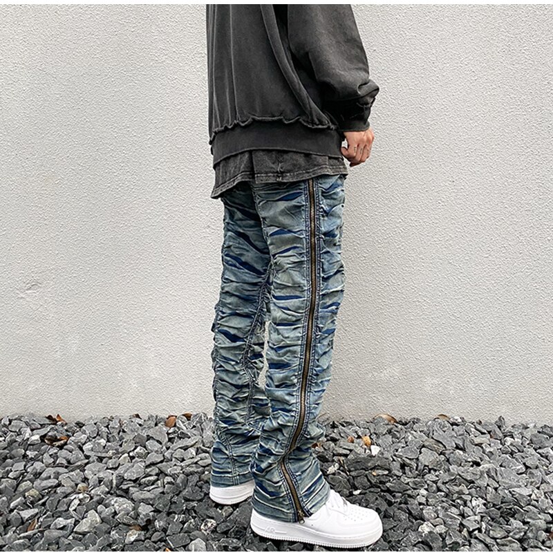 Harajuku Retro Ruched Side Zipper Jeans Men Straight Washed Streetwear Denim Trousers Elastic Wasit Hip Hop Mens Jeans Pants