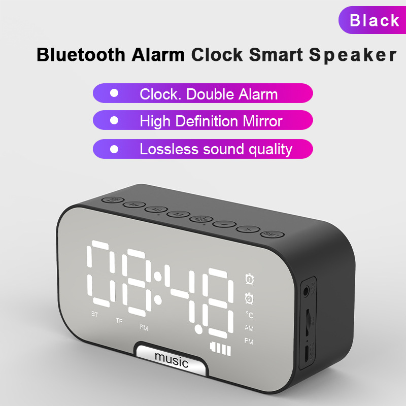 Smart väckarklocka fm-radio spegel bluetooth-högtalare termometer trådlös bluetooth-högtalare med lång batteritid stereohögtalare bilfestdekor: Svart