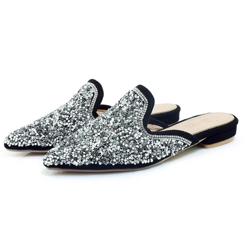 Muły buty damskie szpiczasty nosek panie Bing płaskie kapcie na zewnątrz poślizgu na lato brokat buty na pasku srebrny czarny rozmiar41 42 43