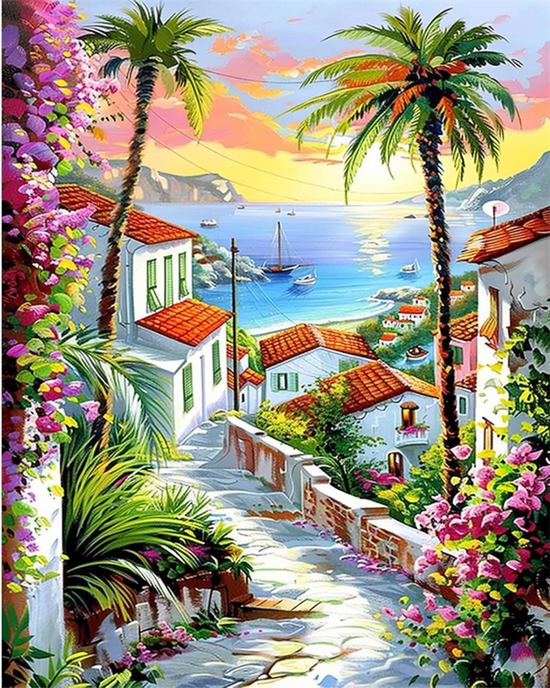 Schilderen op nummer Kits Italiaanse kuststadscène Artistieke achtergrond Digitaal olieverfschilderij Landschap Kleuren Artcraft Handverf: Donker Kaki / 30x40cm