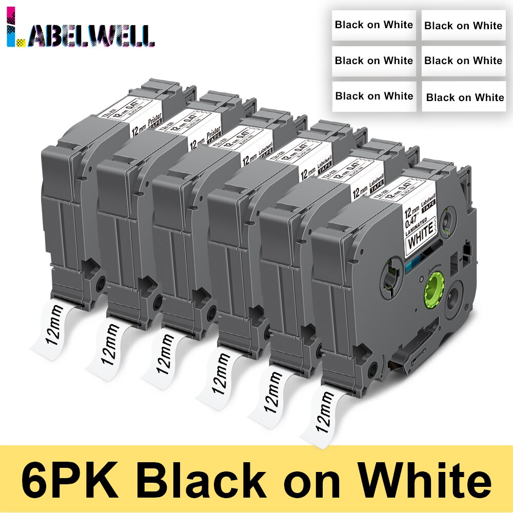 Labelwell 6PK 12mm 231 laminowane labe taśma Multicolors dla 231 131 631 431 531 731 831 wymiana dla brata PTH110 drukarka do etykiet: 6PK-Black on White