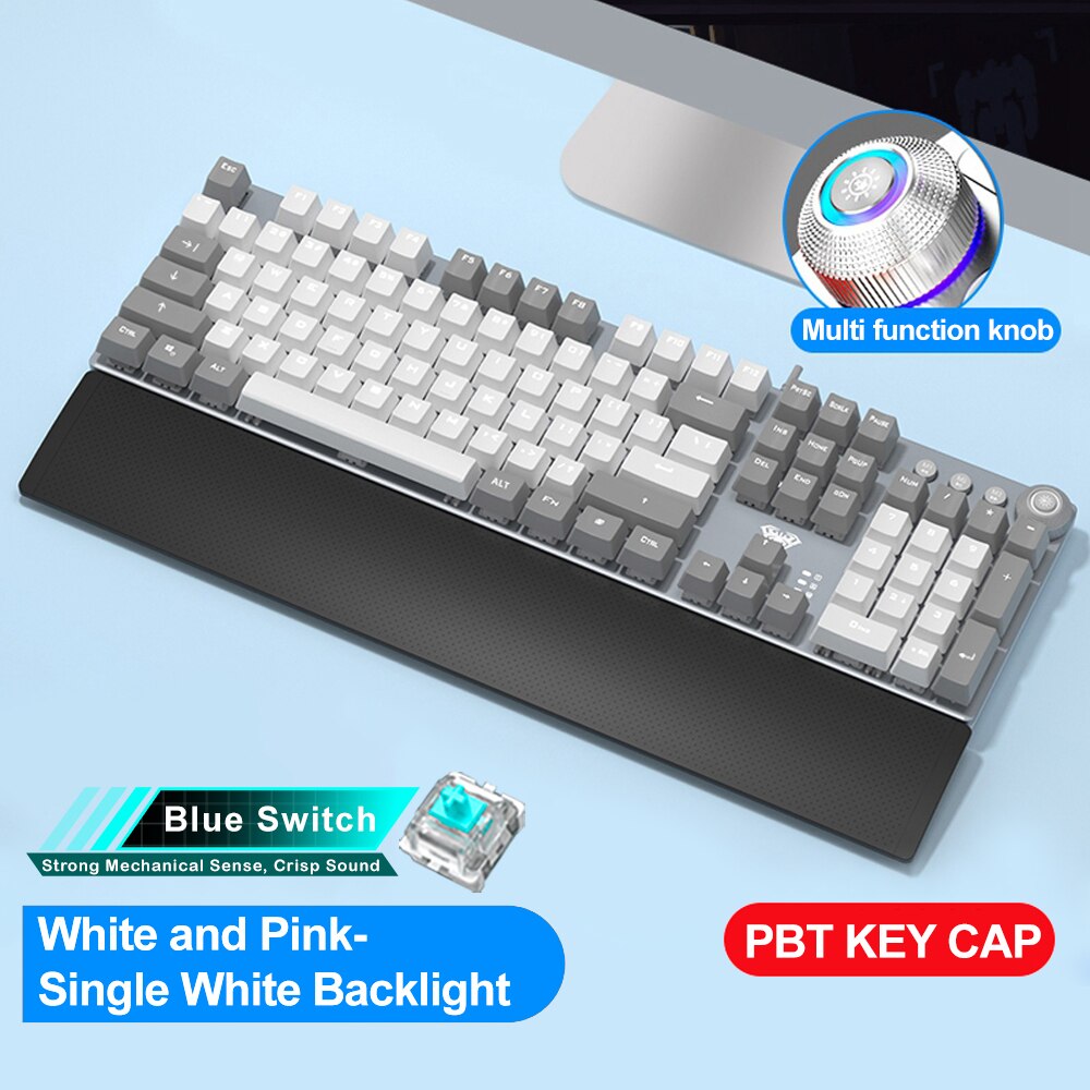 AULA Mechanical Gaming Keyboard White-Light 104 Anti-ghosting Blue/Black Switch Wired Backlight Keyboard for PC Gamer English